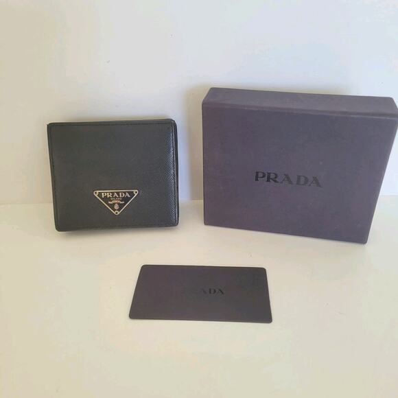 Prada Wallet Black Nero Coin Case Holder Pouch Leather Compact Mini Logo Box - Picture 1 of 9